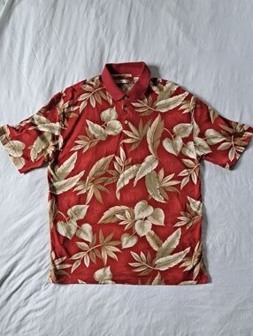 ​Batik Bay Men's Red & Tan Tropical Leaf Hawaiian Print Polo Shirt Size L Cotton